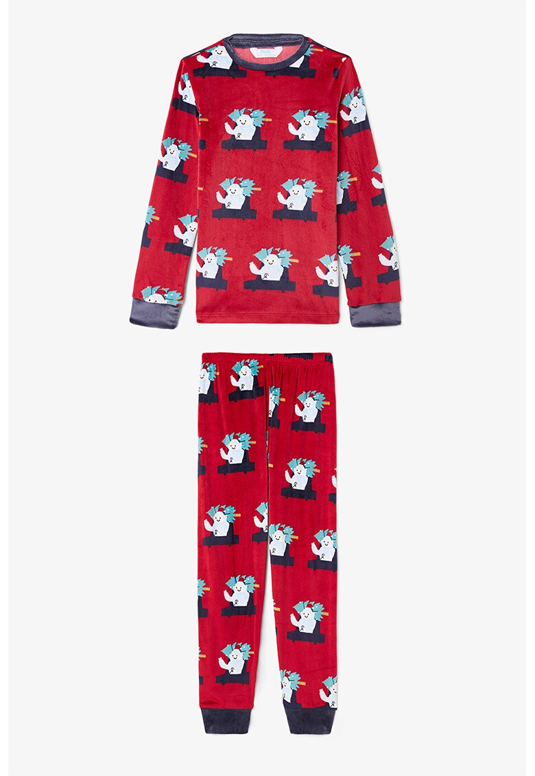 Pijama cu talie elastica si imprimeu - Rosu/Alb