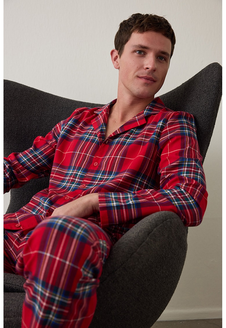 Pijama de bumbac cu pantaloni lungi si model in carouri - Rosu/Albastru