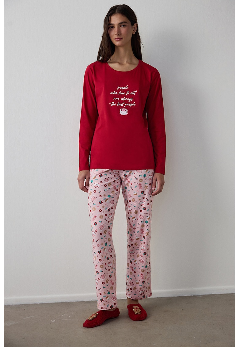 Bluza de pijama cu decolteu rotund si imprimeu text - Rosu/Alb