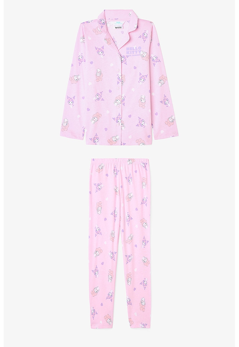 Pijama din bumbac cu nasturi si imprimeu