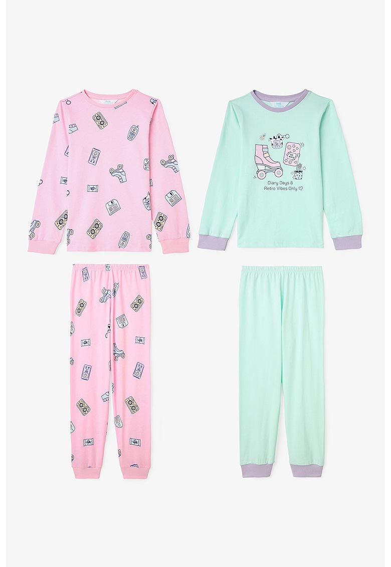 Set de pijama cu decolteu la baza gatului si imprimeu - 2 perechi