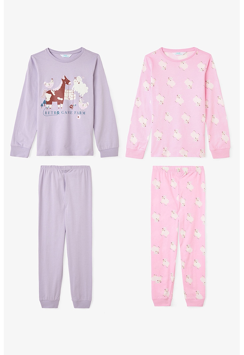 Set de pijama cu pantaloni lungi si decolteu la baza gatului - 2 perechi