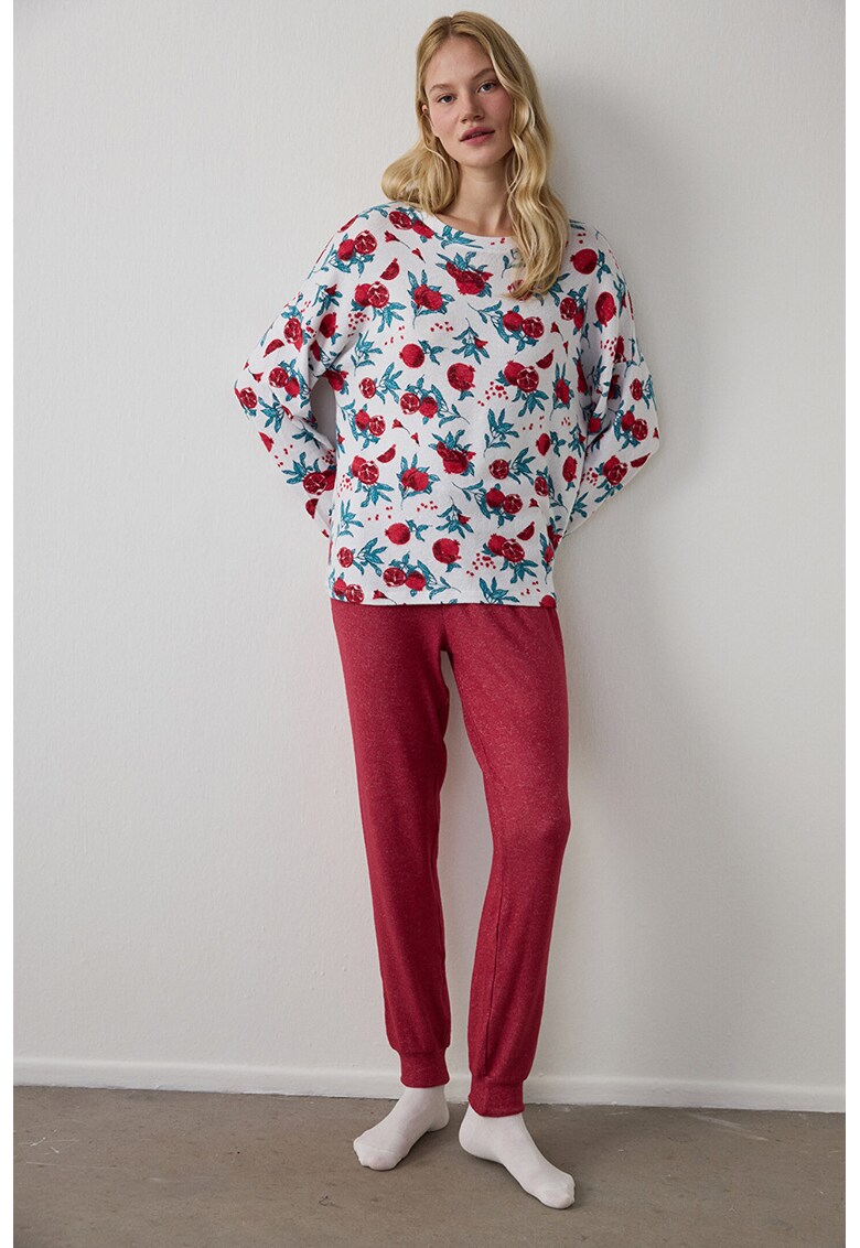 Bluza de pijama lejera cu model termic - Rosu/Alb