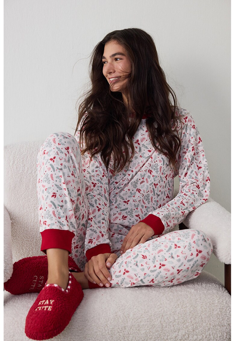 Bluza de pijama lejera cu model - Rosu/Alb