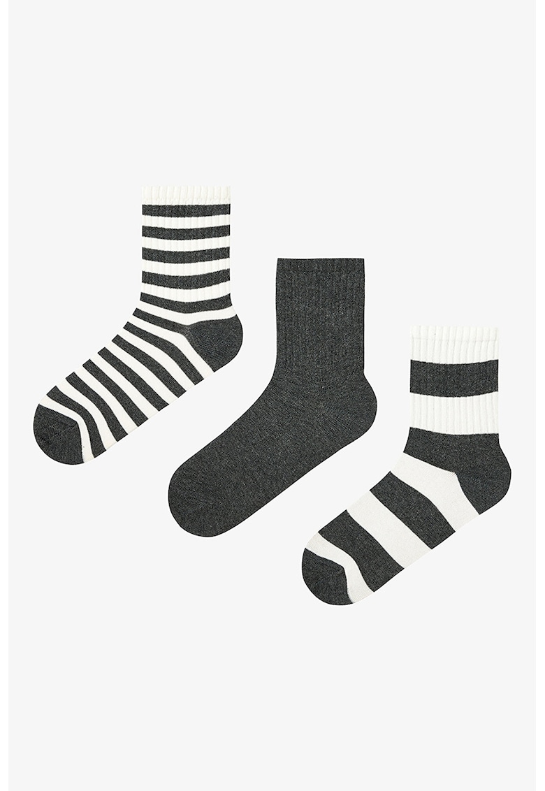 Set de sosete lungi cu dungi - 3 perechi - Alb/Gri inchis