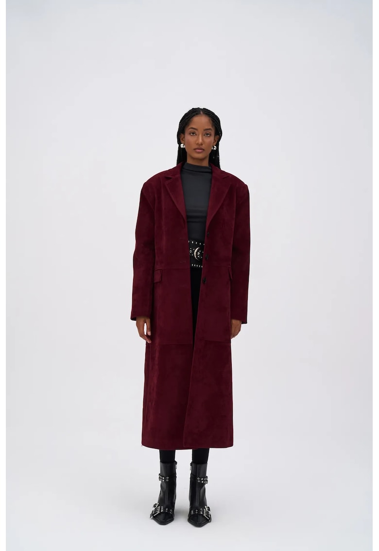 Palton dama - HiCCUP - trenci piele intoarsa - rosu burgundi - textil -