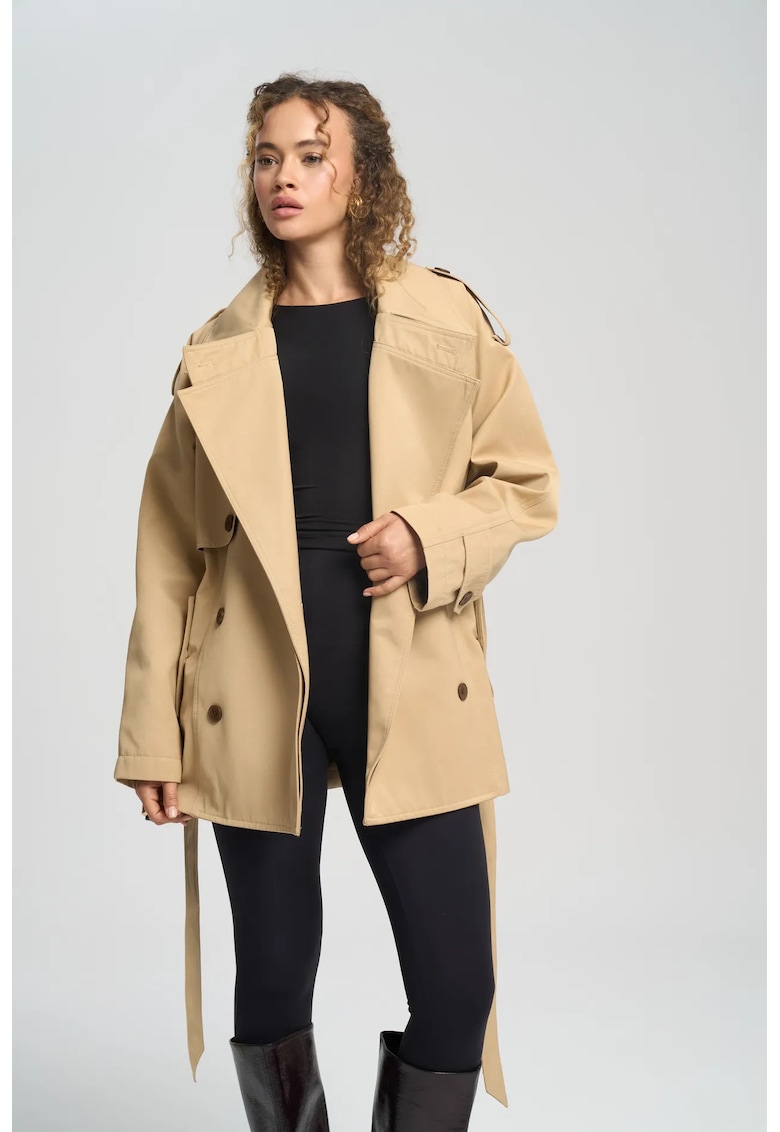 Palton dama trench midi - bumbac si poliester - camel brown