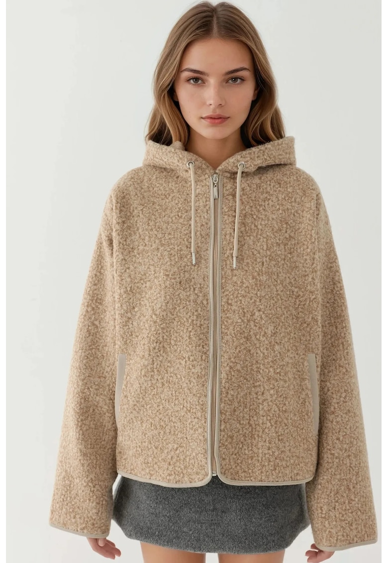 Jacheta cu gluga - texturata - confortabila - bej - jerseu