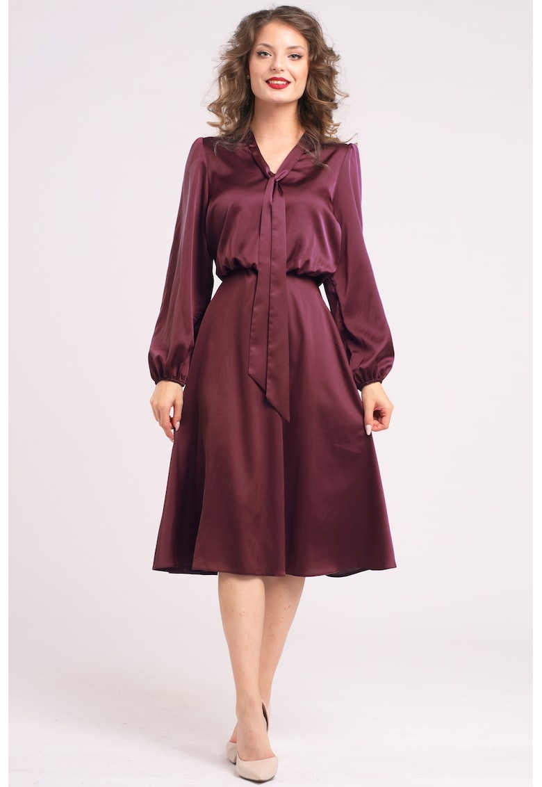 Rochie din satin cu funda din panglici - Visiniu