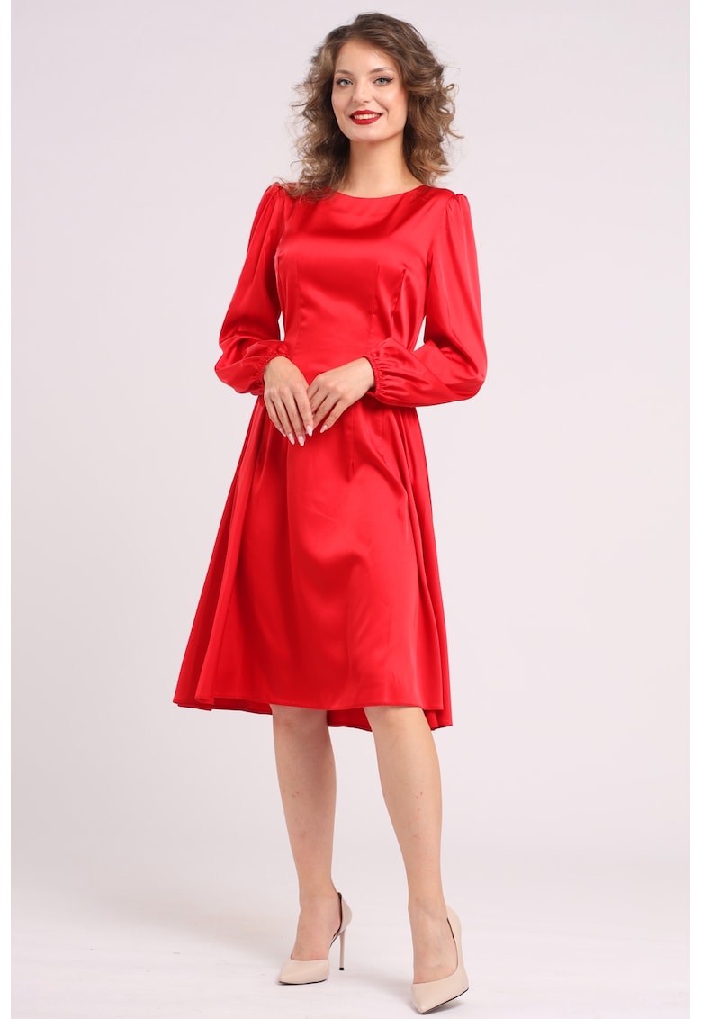 Rochie midi din matase cu croiala evazata - Rosu vermillion