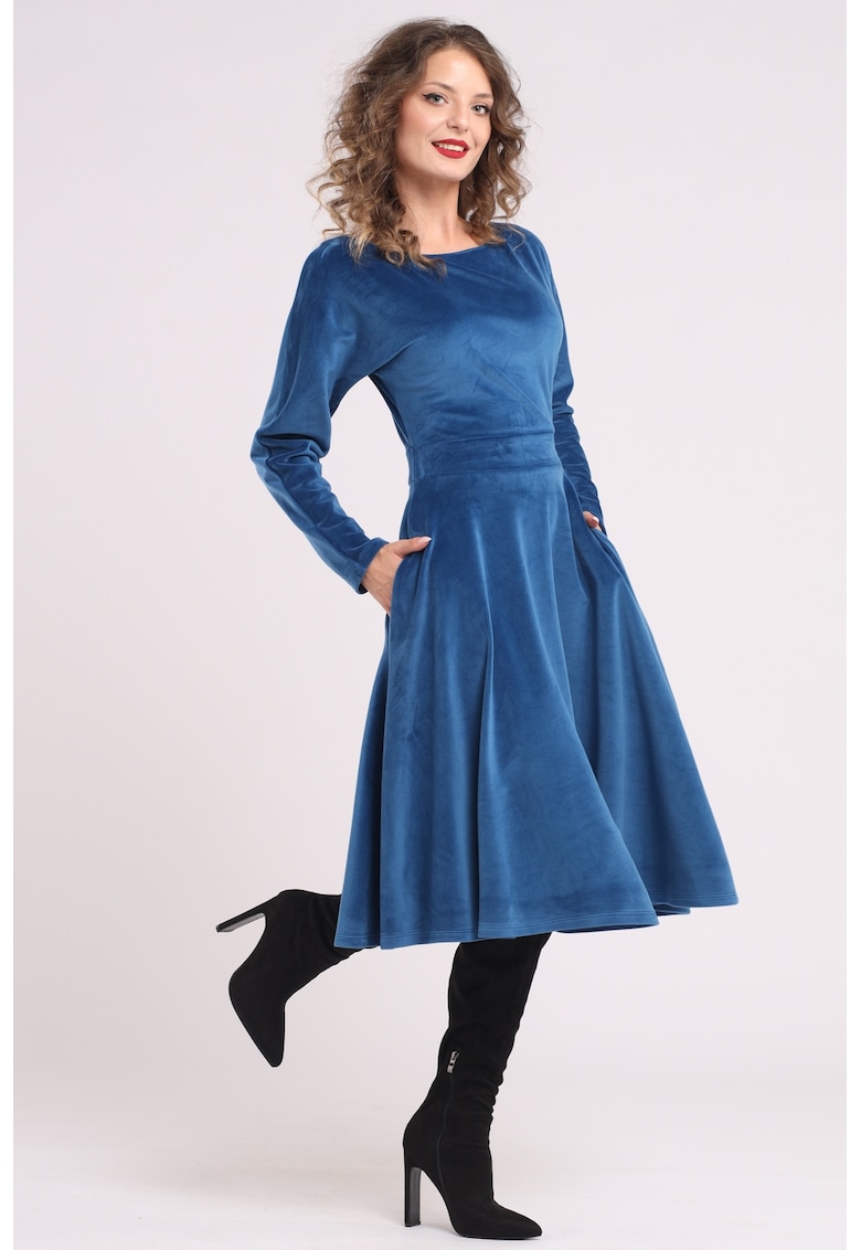 Rochie midi cu aspect de catifea - croiala evazata si buzunare laterale