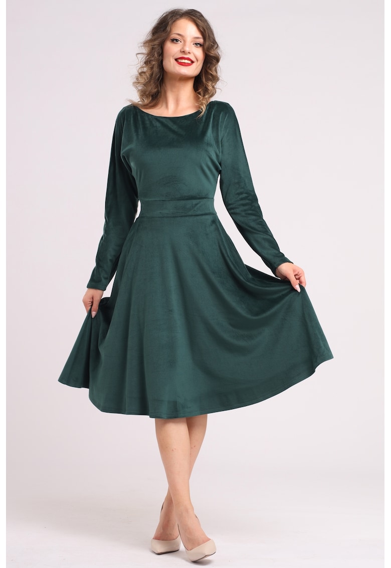 Rochie midi cu aspect de catifea - croiala evazata si buzunare laterale