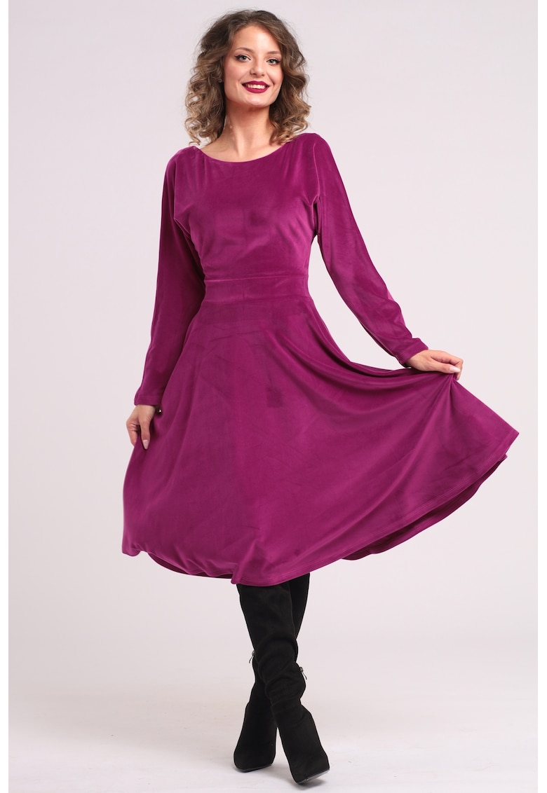 Rochie midi cu aspect de catifea - croiala evazata si buzunare laterale