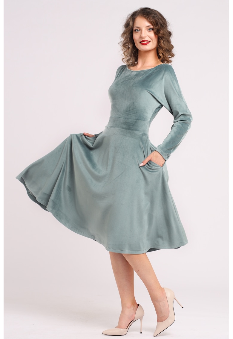 Rochie midi cu aspect de catifea - croiala evazata si buzunare laterale