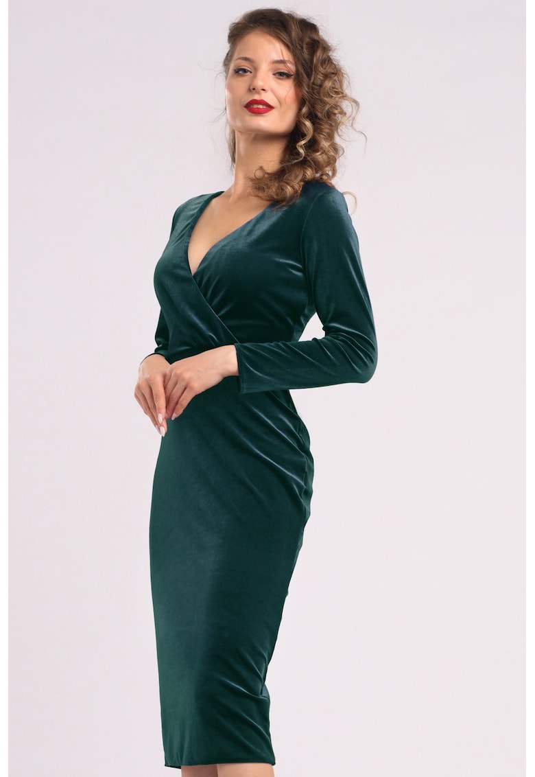 Rochie midi cu aspect de catifea - croiala cambrata si decolteu in V