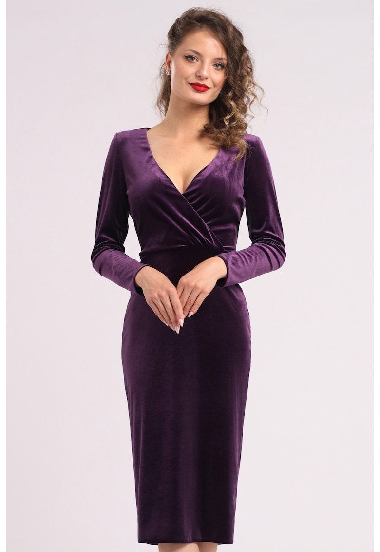 Rochie midi cu aspect de catifea - croiala cambrata si decolteu in V