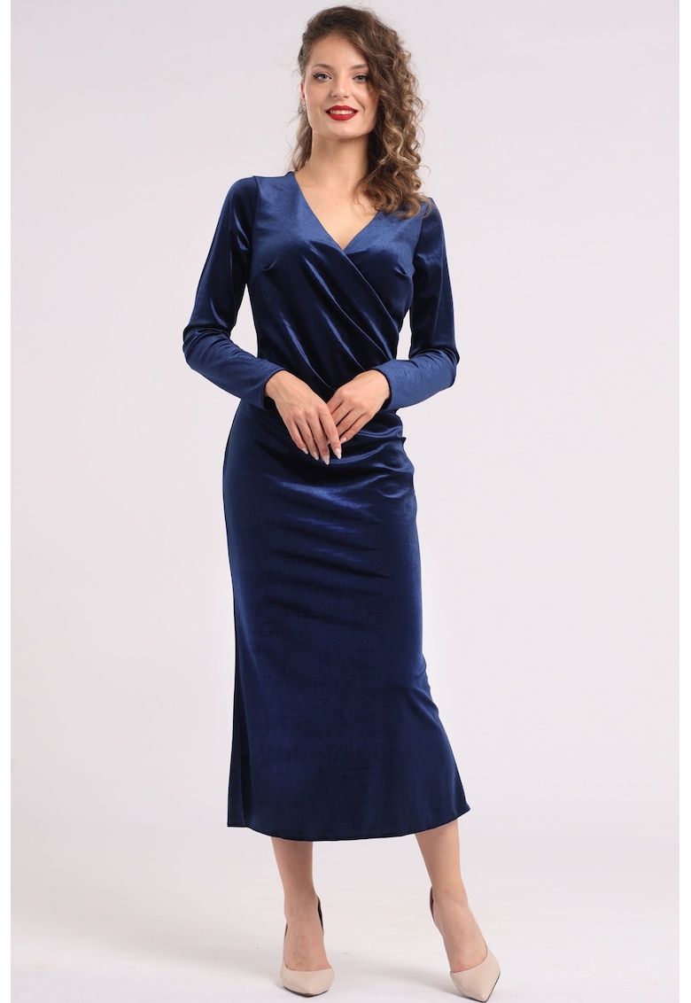 Rochie midi cu aspect de catifea si decolteu cache-coeur