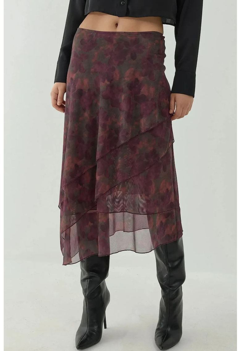 Fusta Fusta Midi cu Talie Inalta - imprimeu floral - rosu burgundy - textil