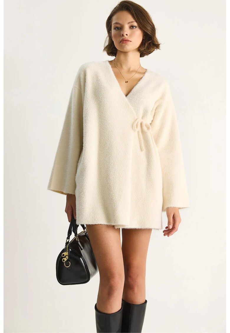 Pulover dama - cardigan cu inchidere tip cravata - ivory natural - tricot -