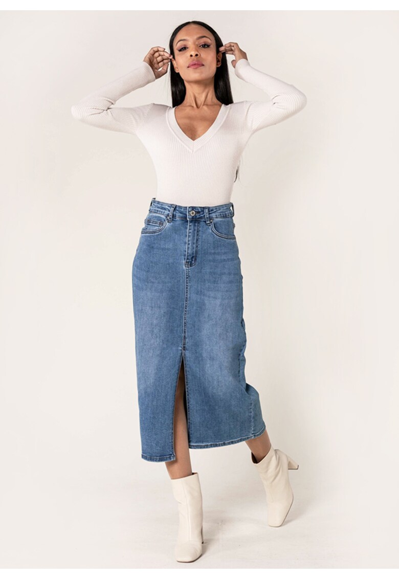 Fusta albastra de denim cu slit frontal P215 M10 18755 - Albastru