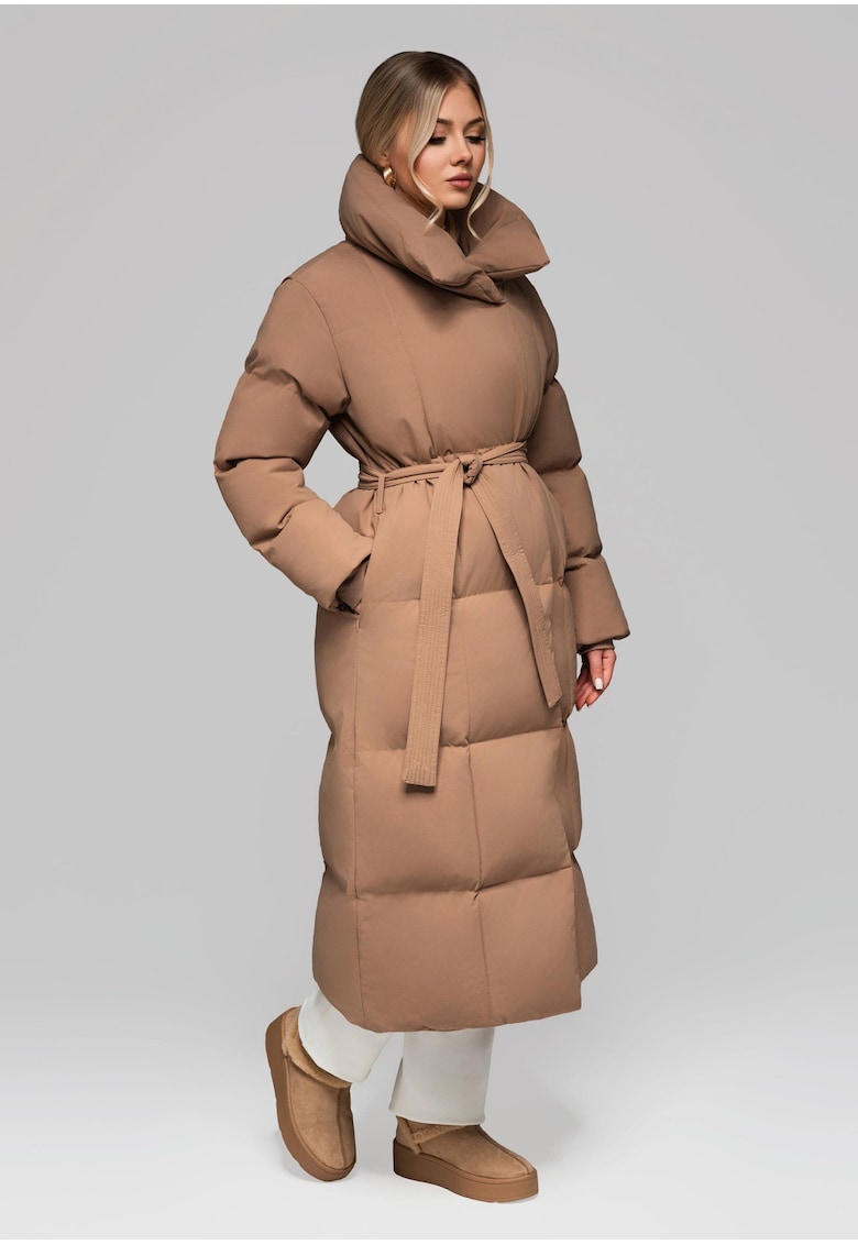 Geaca lunga matlasata cu curea OW-JALJ-0104 - Maro camel