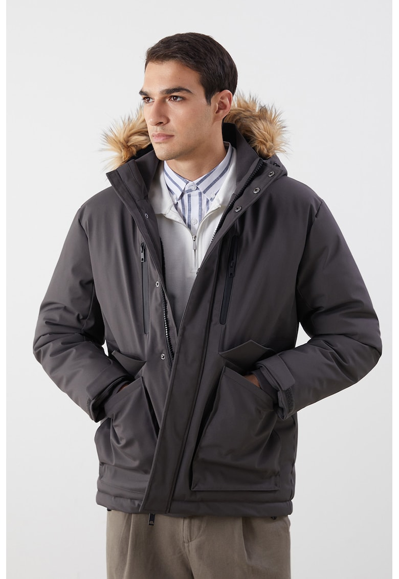 Geaca cu garnitura de blana sintetica - Gri inchis