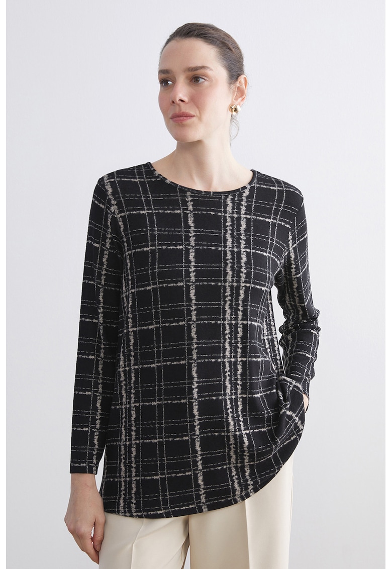 Bluza cu model si decolteu rotund - Negru/Bej deschis