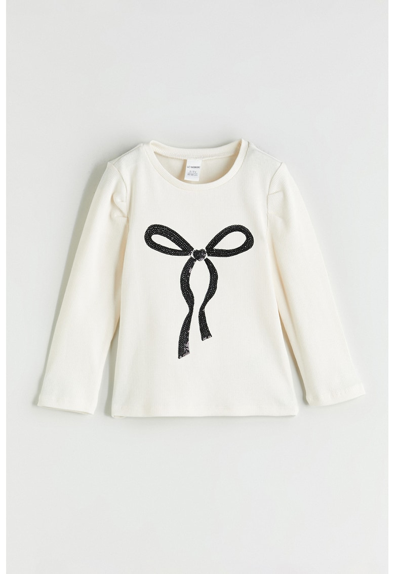 Bluza din amestec de bumbac cu decolteu la baza gatului - Alb/Negru