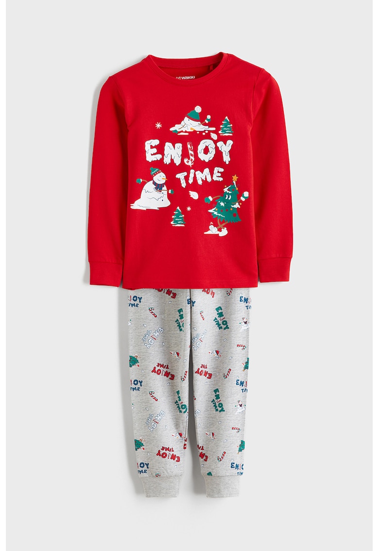 Pijama de bumbac cu imprimeu si tematica de Craciun - Rosu/Verde/Gri deschis