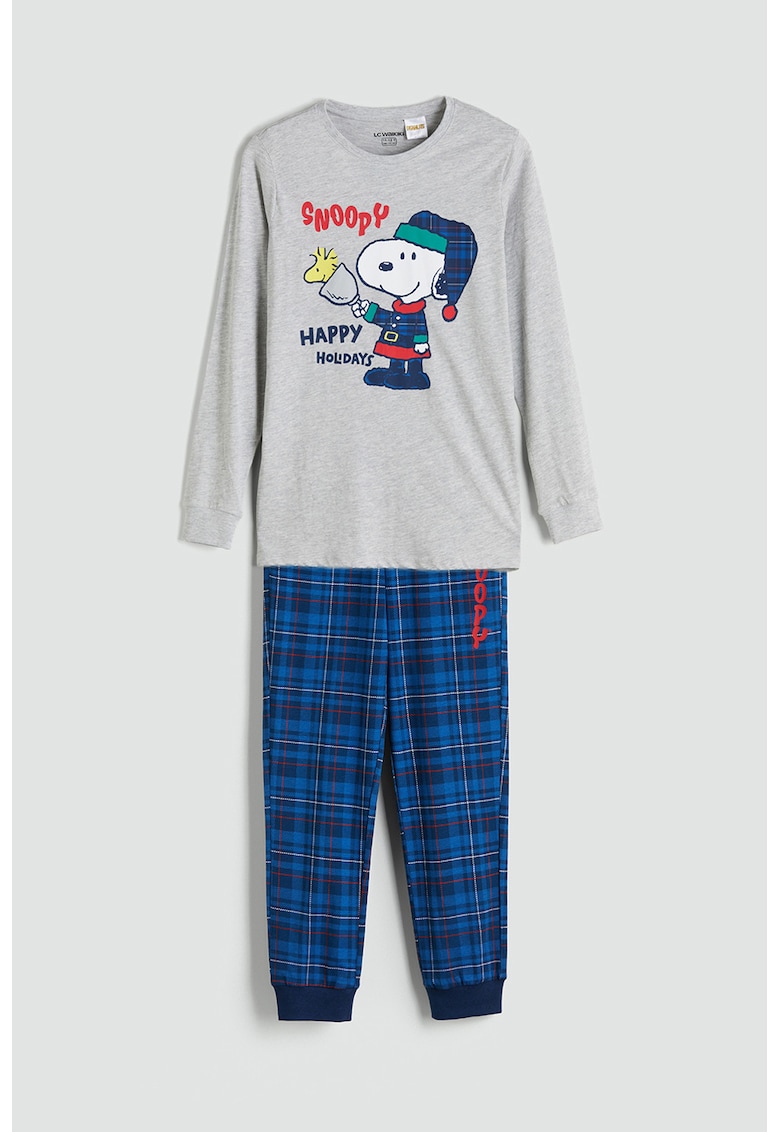 Pijama cu pantaloni lungi si imprimeu Snoopy si tematica de Craciun