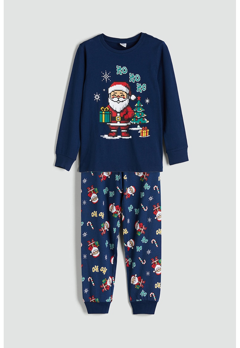 Pijama cu panaloni lungi si tematica de Craciun - Rosu/Alb/Bleumarin