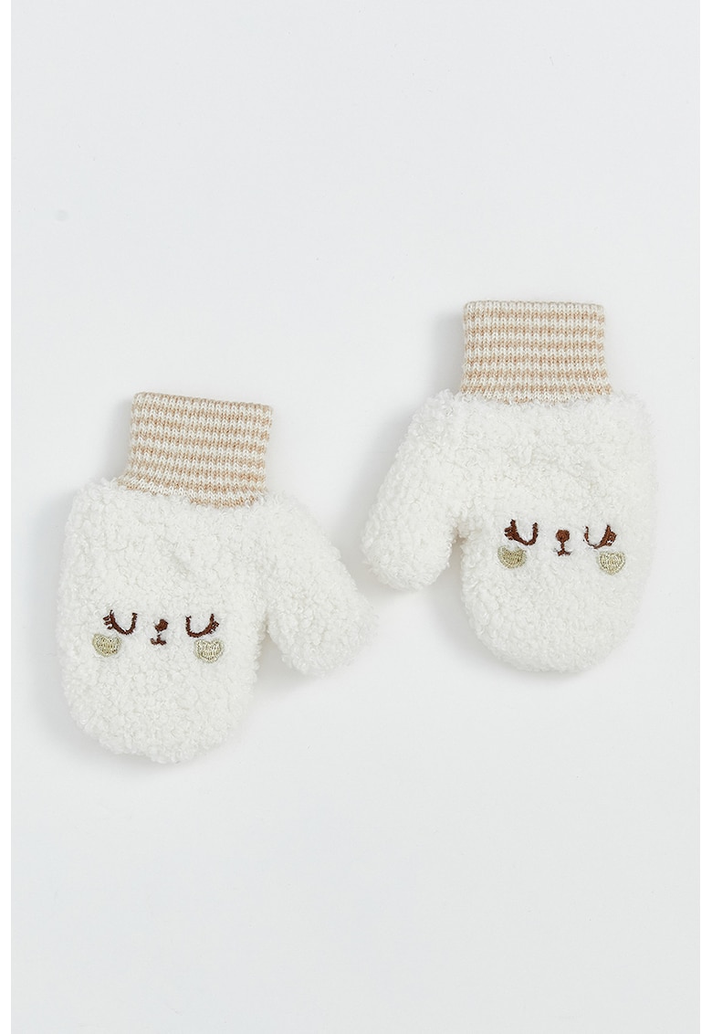 Manusi din tricot cu broderie - Alb/Maro deschis