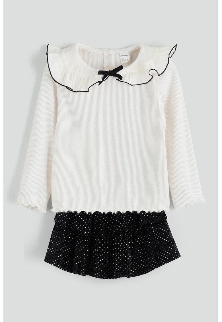 Set de bluaza cu guler cu volane si fusta evazata - 2 piese - Alb/Negru