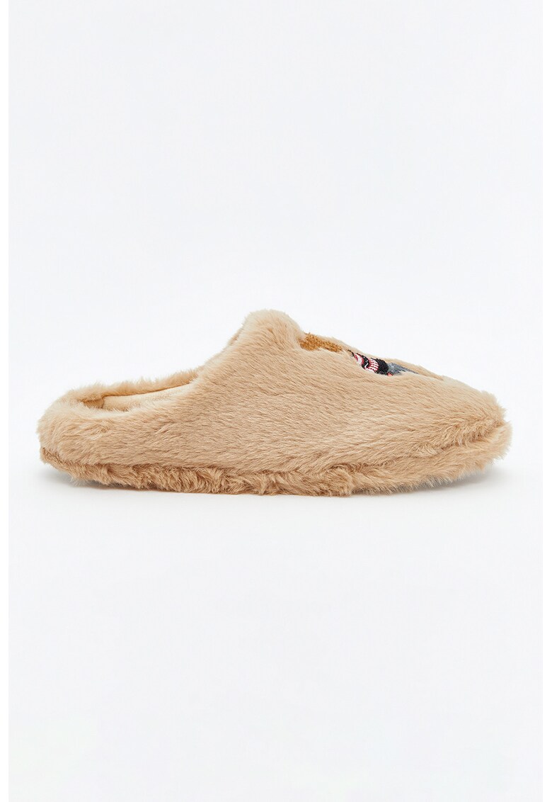 Papuci de casa cu aspect pufos - Gri carbune/Maro camel