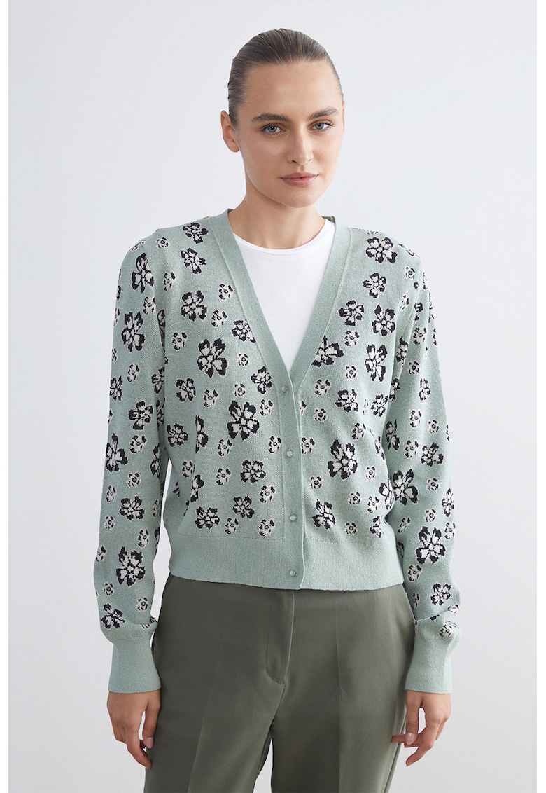 Cardigan cu model floral si decolteu in V