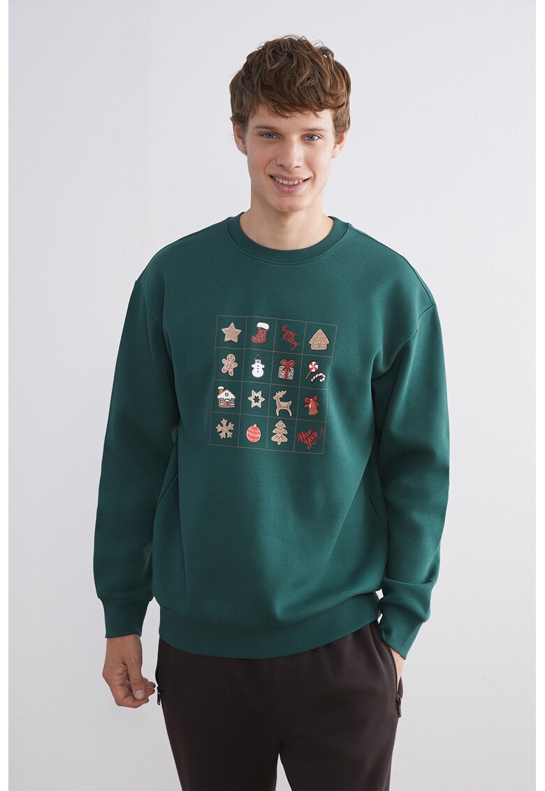 Bluza de trening cu decolteu rotund si tematica de Craciun - Maro deschis/Verde aquamarin
