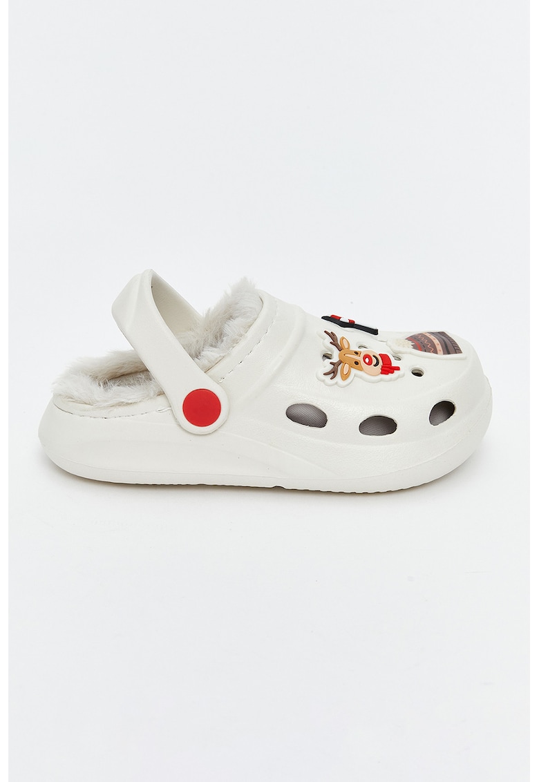 Saboti slingback cu captuseala de blana sintetica si tematica de Craciun