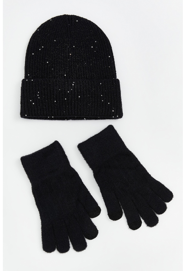 Set de caciula cu paiete si manusi din tricot - 2 piese