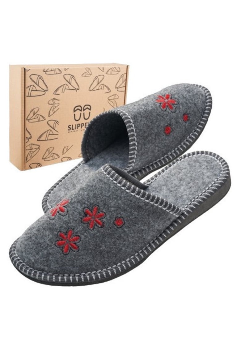 Papuci de casa pentru femei - din fetru gri cu flori - SLIP119 - confortabili - intr-o cutie ecologica - - Gri