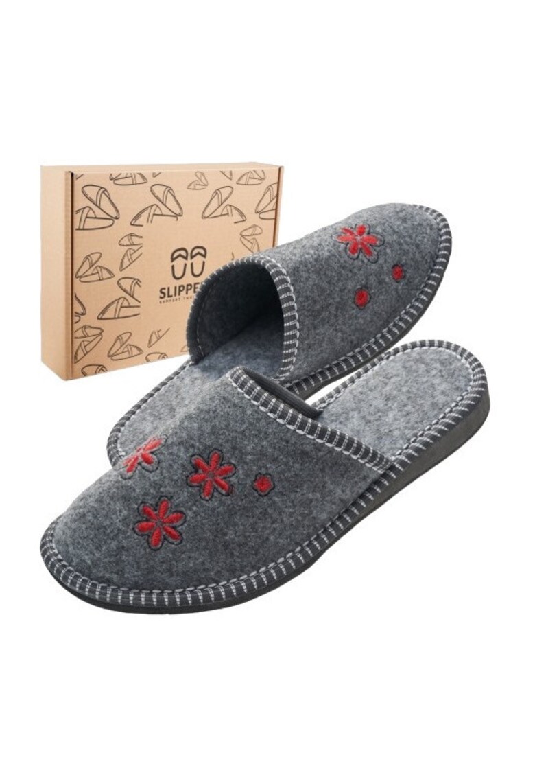 Papuci de casa pentru femei - din fetru gri cu flori - SLIP119 - confortabili - intr-o cutie ecologica - marimea