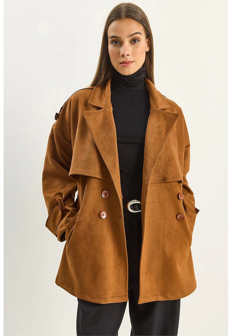 Trench dama trench midi - doua randuri de nasturi - maro - textil