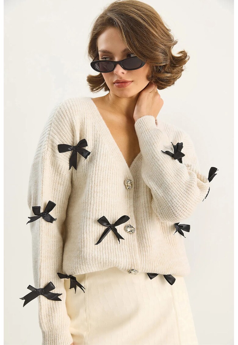 Pulover dama - cardigan supradimensionat cu funda - ivory natural - tricot -