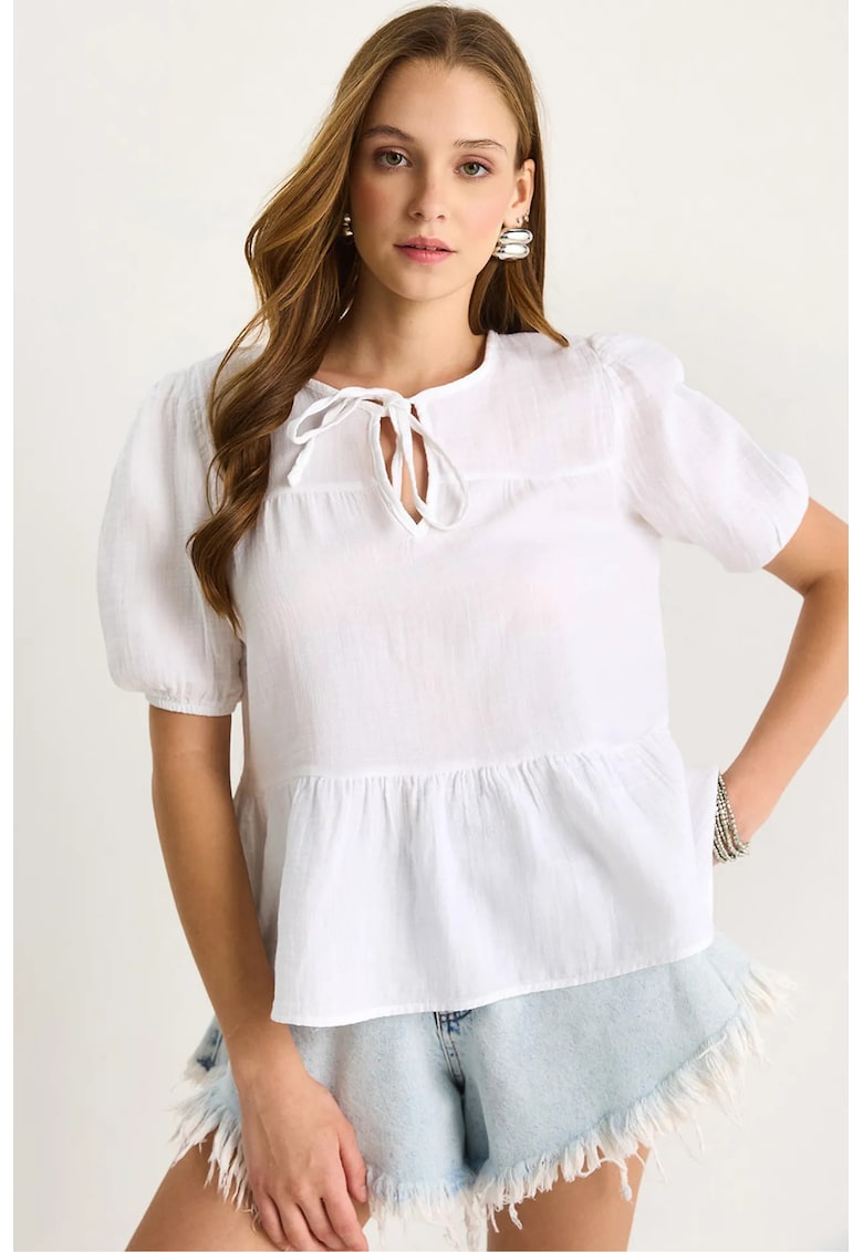 Bluza dama - LUCCI - guler rotund - detalii tip cravata - alb - textil -