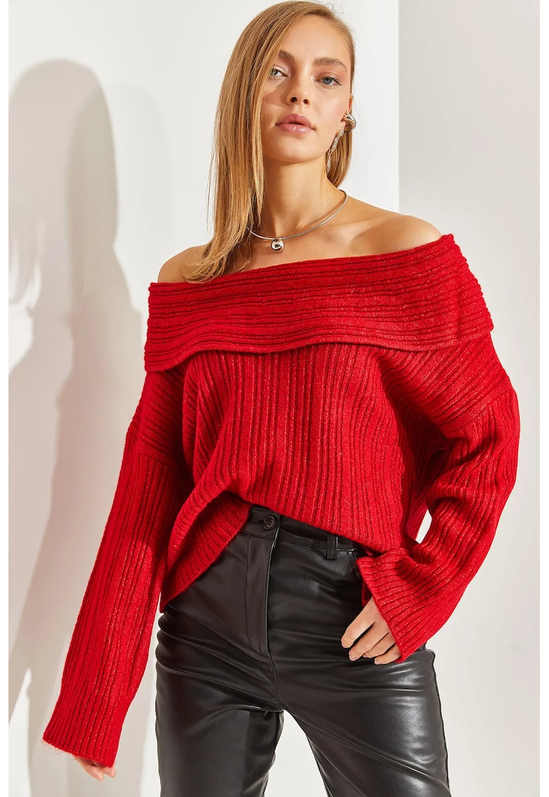 Pulover dama - tricotat reiat de pe umar - rosu - tricot -