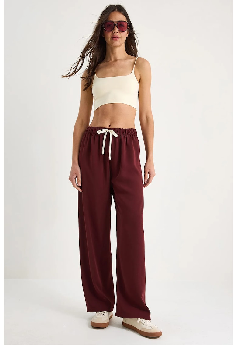 Pantaloni dama - Pantaloni cu talie inalta si picior larg - Rosu burgund - Textil -