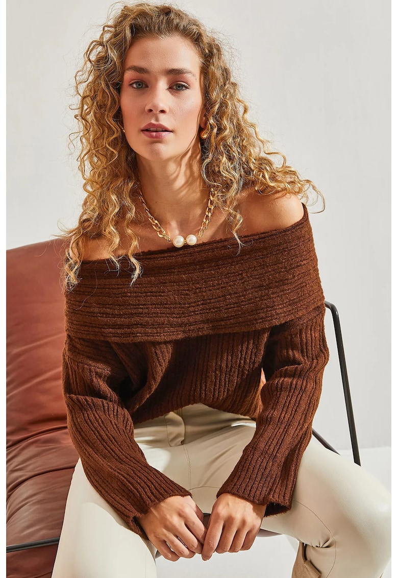 Pulover dama - tricotat - off shoulder - maro mocha -