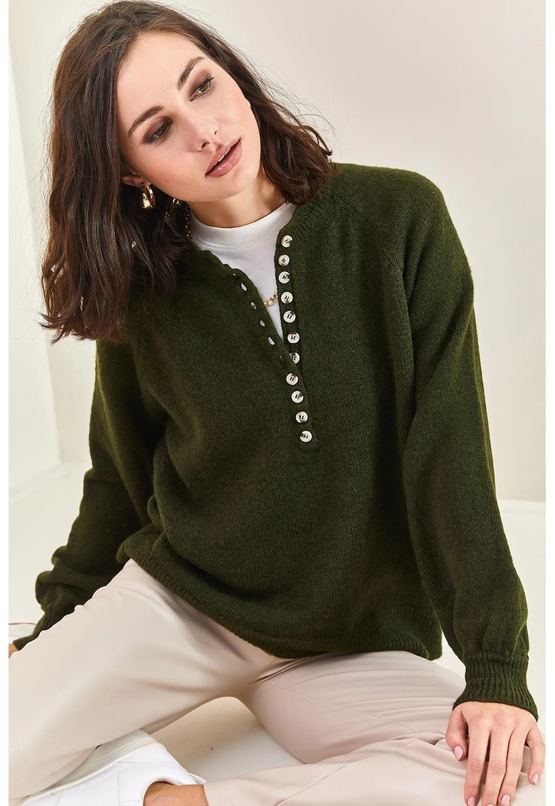 Pulover dama - Pulover tricotat cu dungi - verde forest - tricot - Verde Padure -