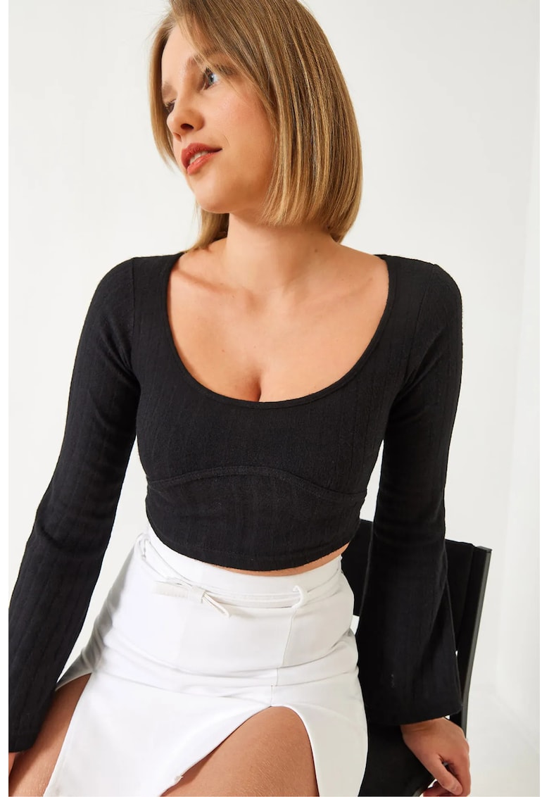 Bluza dama - Crop Top - maneci lungi - negru - jerseu