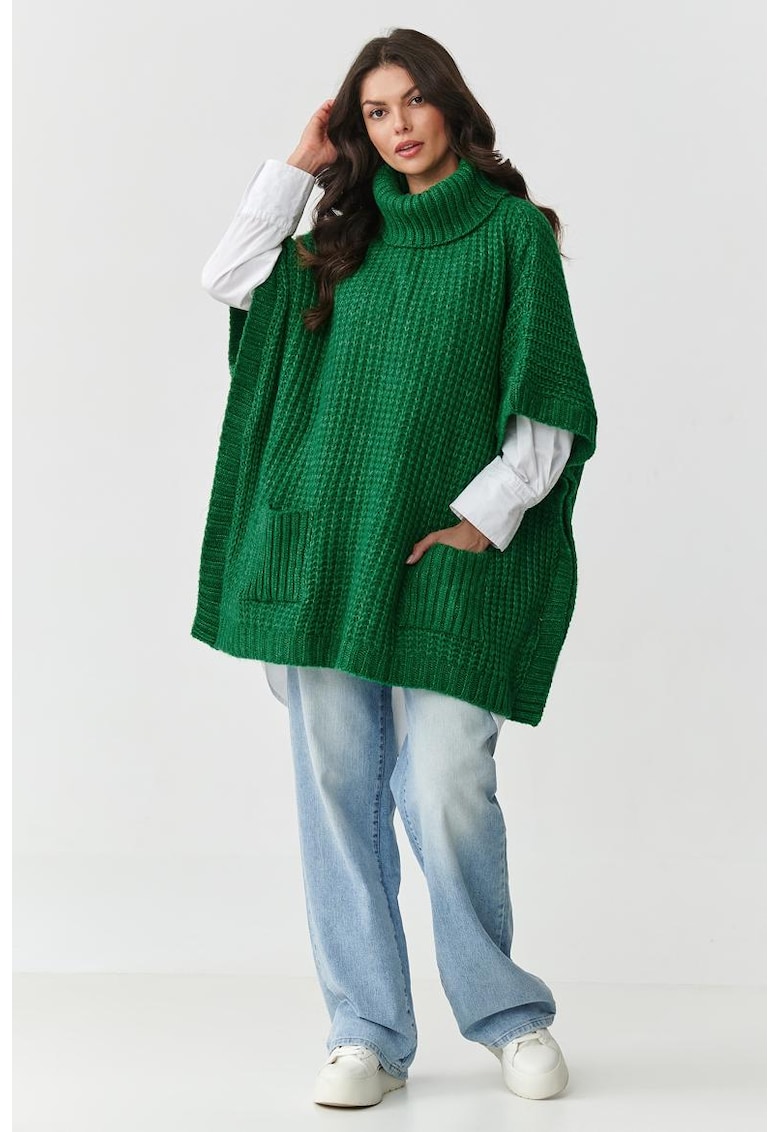 Pulover tip poncho din amestec de lana cu buzunare aplicate -