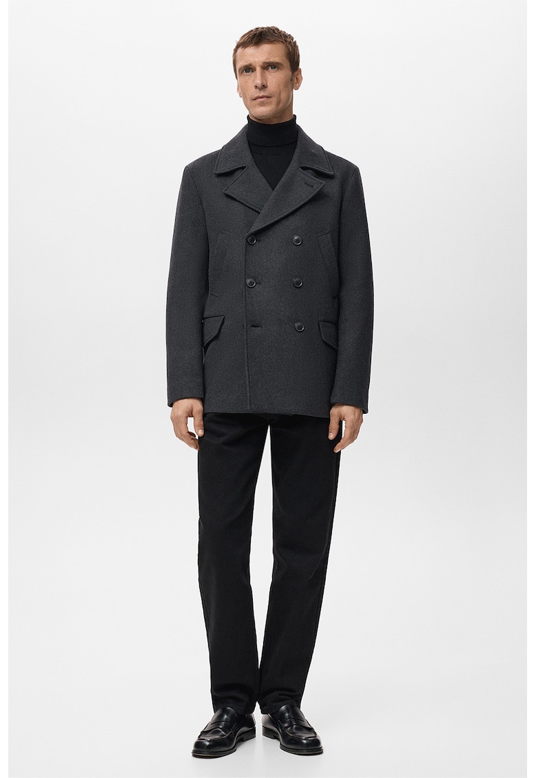 Palton scurt din amestec de lana cu doua randuri de nasturi - Gri inchis